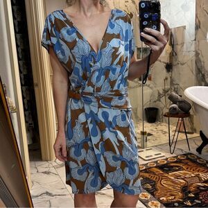 Tibi | L | Blue and Brown Wrap Sundress with Dolman Cap Sleeves size large